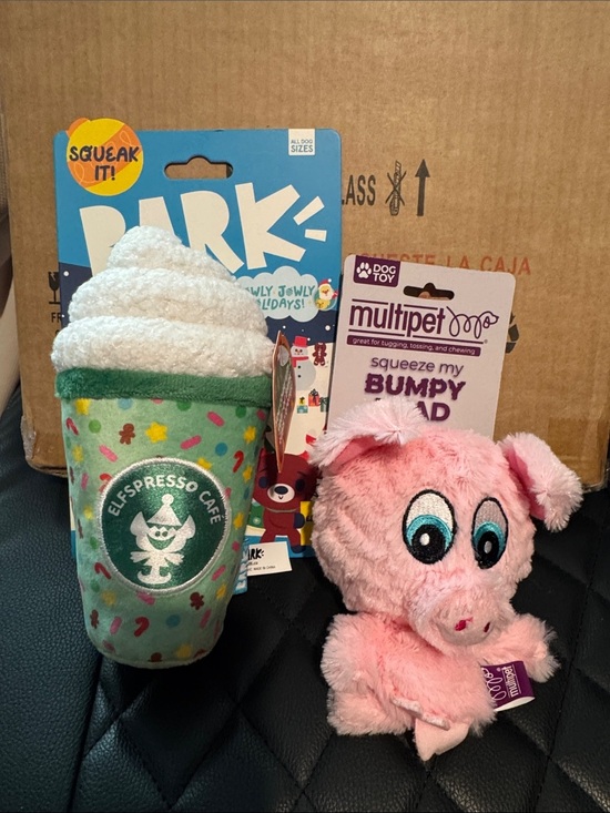 Bark Other - Pink Bumpy Pig & Green Festive Coffee Plush Dog Toy Set + dog waste bag holder